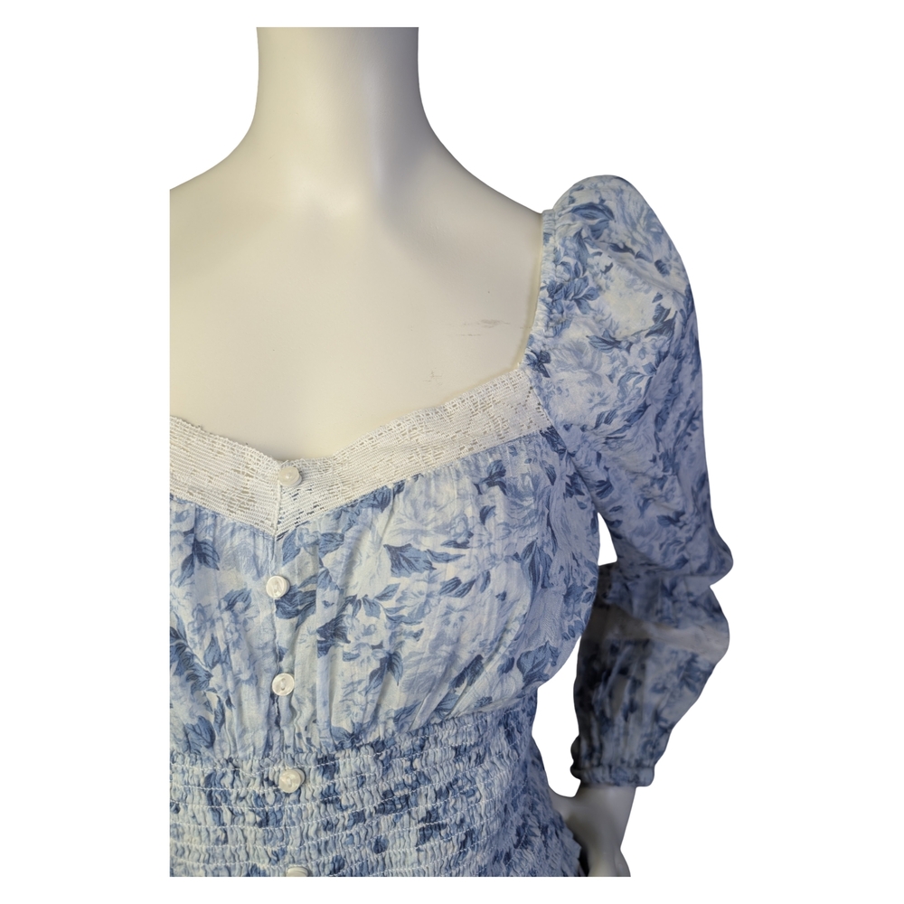 American Eagle Blue Floral Smocked Prairie Blouse | Cottagecore Western | Size M - Picture 7 of 12
